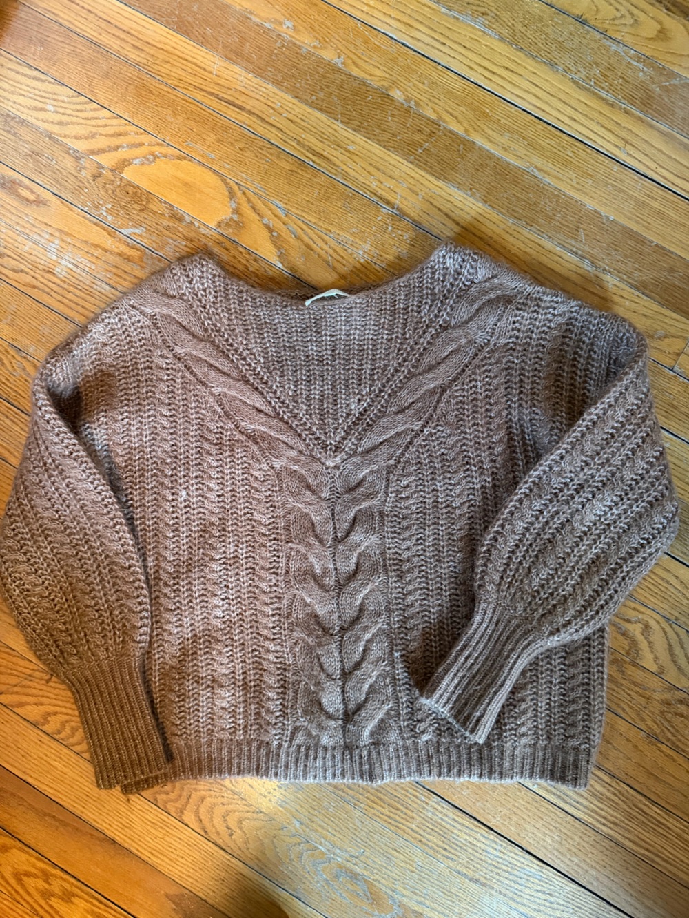 Sezane Cable Knit Scoop Neck Sweater in Taupe Brown